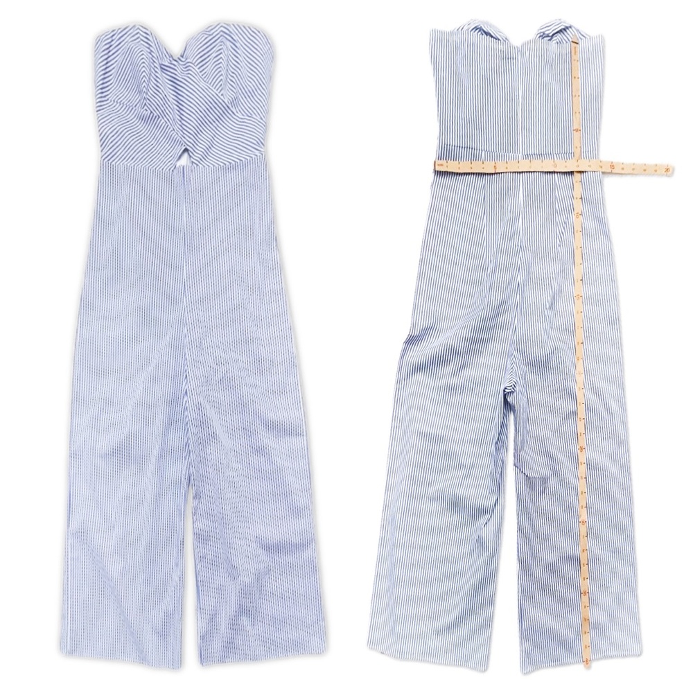 Strapless Blue White Pinstripe Jumpsuit w/ Cutout